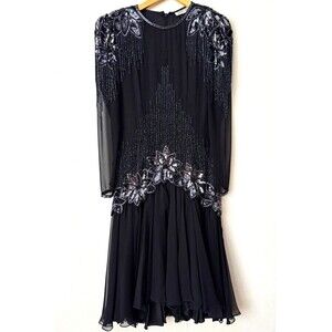Vintage 80s Para Beaded Sequin Dress Size 8 Black Silver Drop Waist Formal Midi